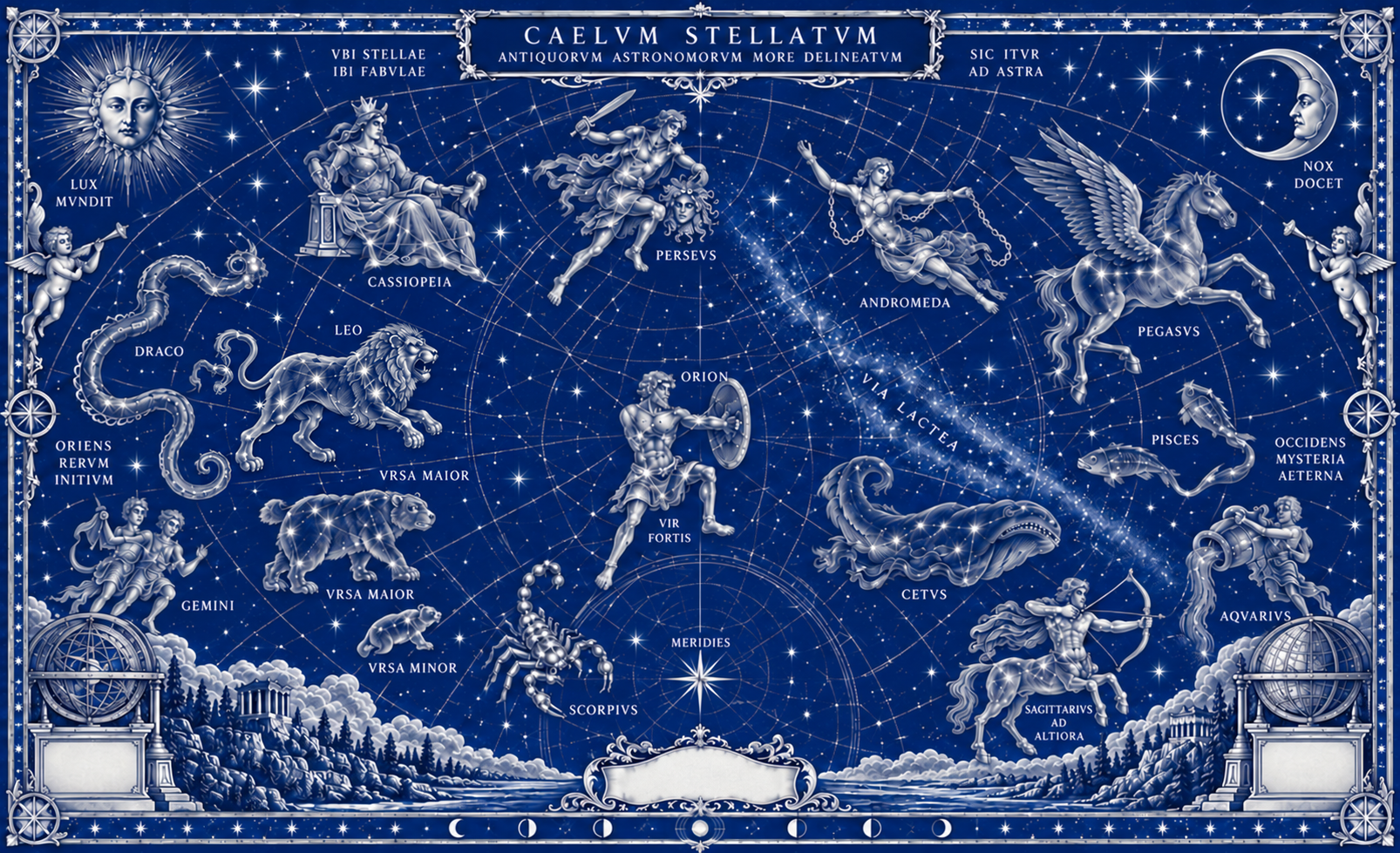 Antique cobalt celestial map with constellations and navigation instruments